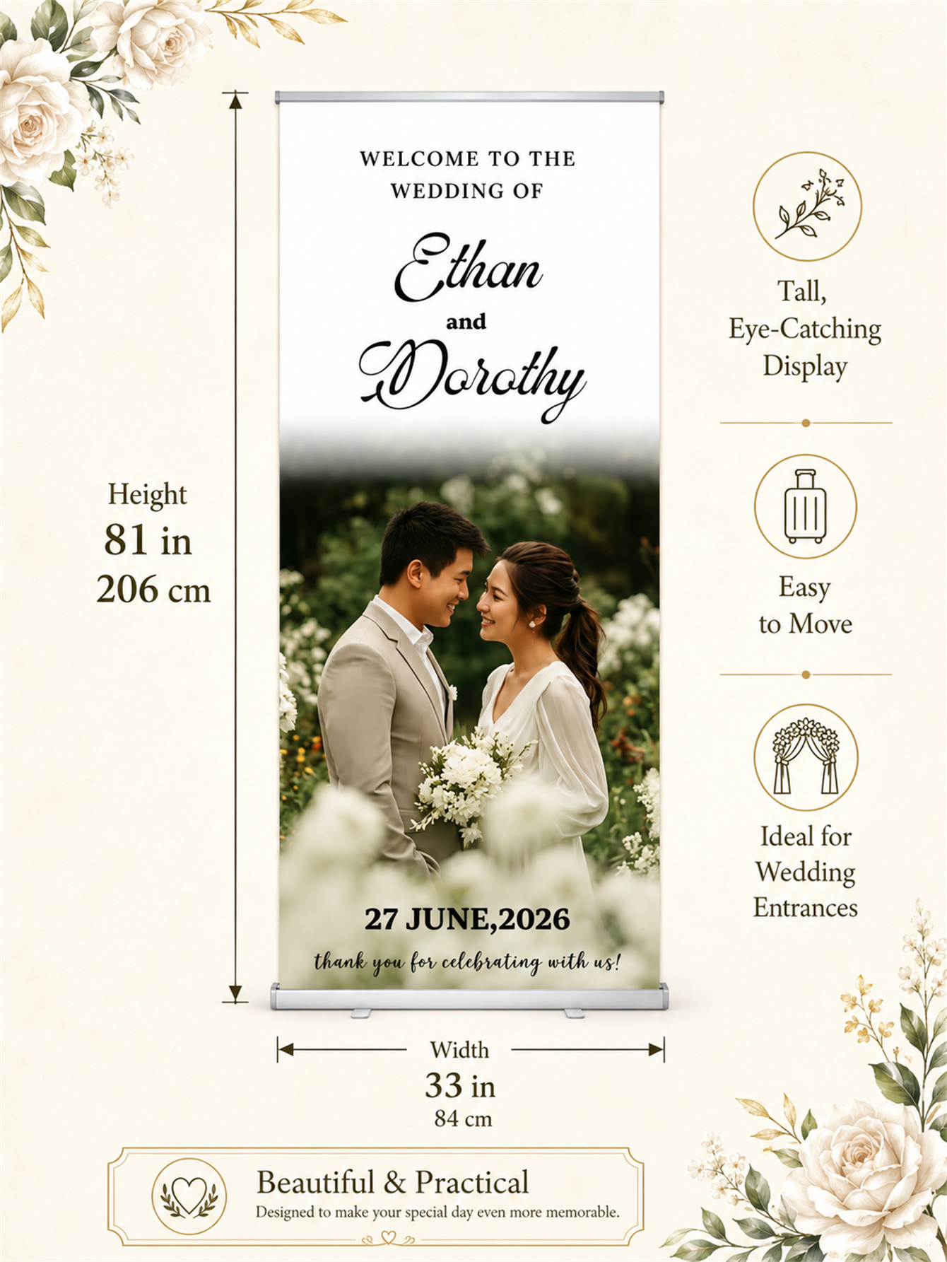 婚礼定制伸缩横幅 – 个性化婚礼欢迎牌、接待装饰和背景幕布